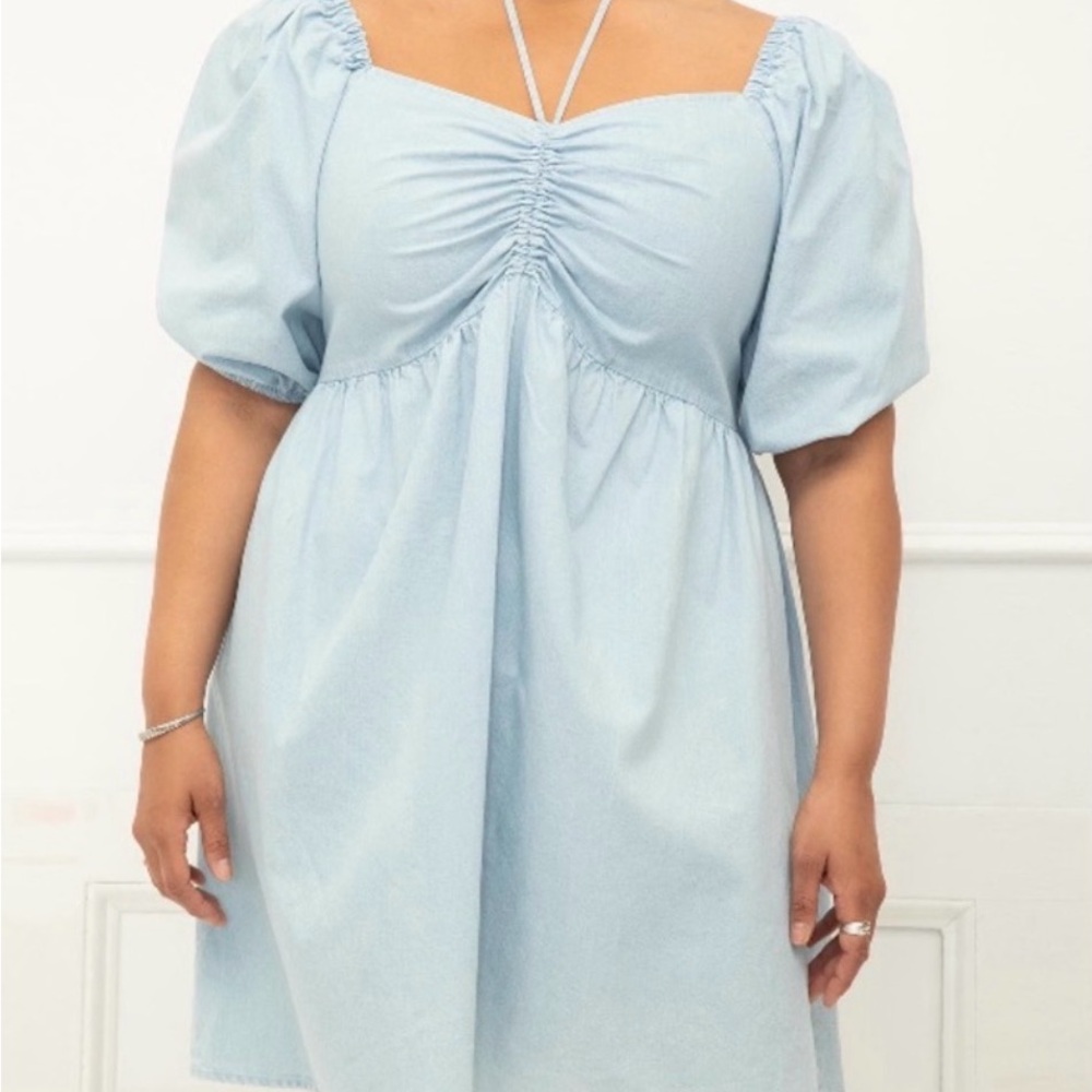 Eloquii Elements Light Chambray Puff Sleeve Shirred Front Dress Size 14 - Picture 3 of 7